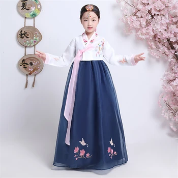 Kore Giyim Geleneksel Kız Hanbok Nakış Uzun Kollu Antik dans kostümü Sahne Performansı Retro Mahkemesi Elbise