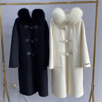 2021 kış yeni çift taraflı kaşmir ceket kadın düz renk kapşonlu uzun Kore tilki yün öküz boynuz toka ceket kadın