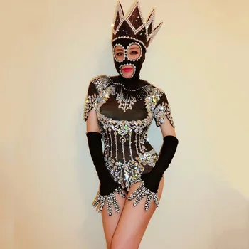 Seksi Gece Kulübü Bar Kadın Şarkıcı konser sahnesi Giyim Boncuk Rhinestones Bodysuit Inci Eldiven Başlık Rave Kıyafetler dans kostümü