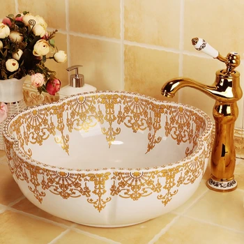 Fas Tarzı Çiçek Şekli Beyaz Altın Dekore Seramik lavabo Porselen Tezgah Üstü Vanity Top Banyo damarlı lavabolar