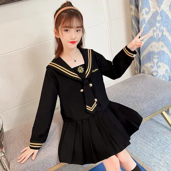 Takım elbise Kızlar Jk Üniforma Ekose Pilili Etek + Ceket + Kravat 3 adet Kıyafet yaz elbisesi 2021 Donanma Yaka Kazak Bebek Giysileri
