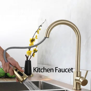 Fırçalanmış Altın Pull Out Püskürtücü Mutfak Musluk Sıcak Soğuk Su Mikser Vinç Tek Kolu evye musluğu Döner Borulu Banyo Havzası Musluk