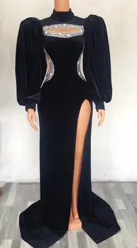 Siyah Kadife Taşlar Akşam Uzun Tren Elbise Balo Parti Büyük Kollu Kostüm Kadın Doğum Günü Kadın Şarkıcı Performans Elbise