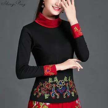 Geleneksel Çin gömlek kadın etnik mandarin yaka uzun kollu siyah nakış bluz blusa tops cosplay kostümleri V1836